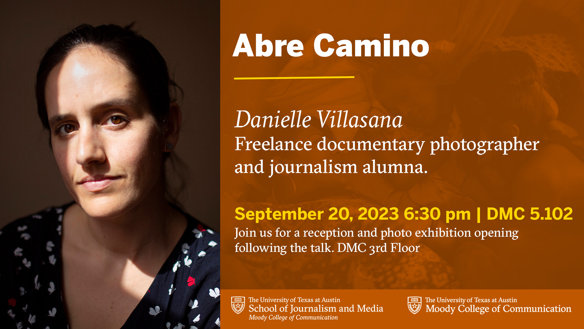 Portrait of guest lecturer Danielle Villasana and details for her talk.