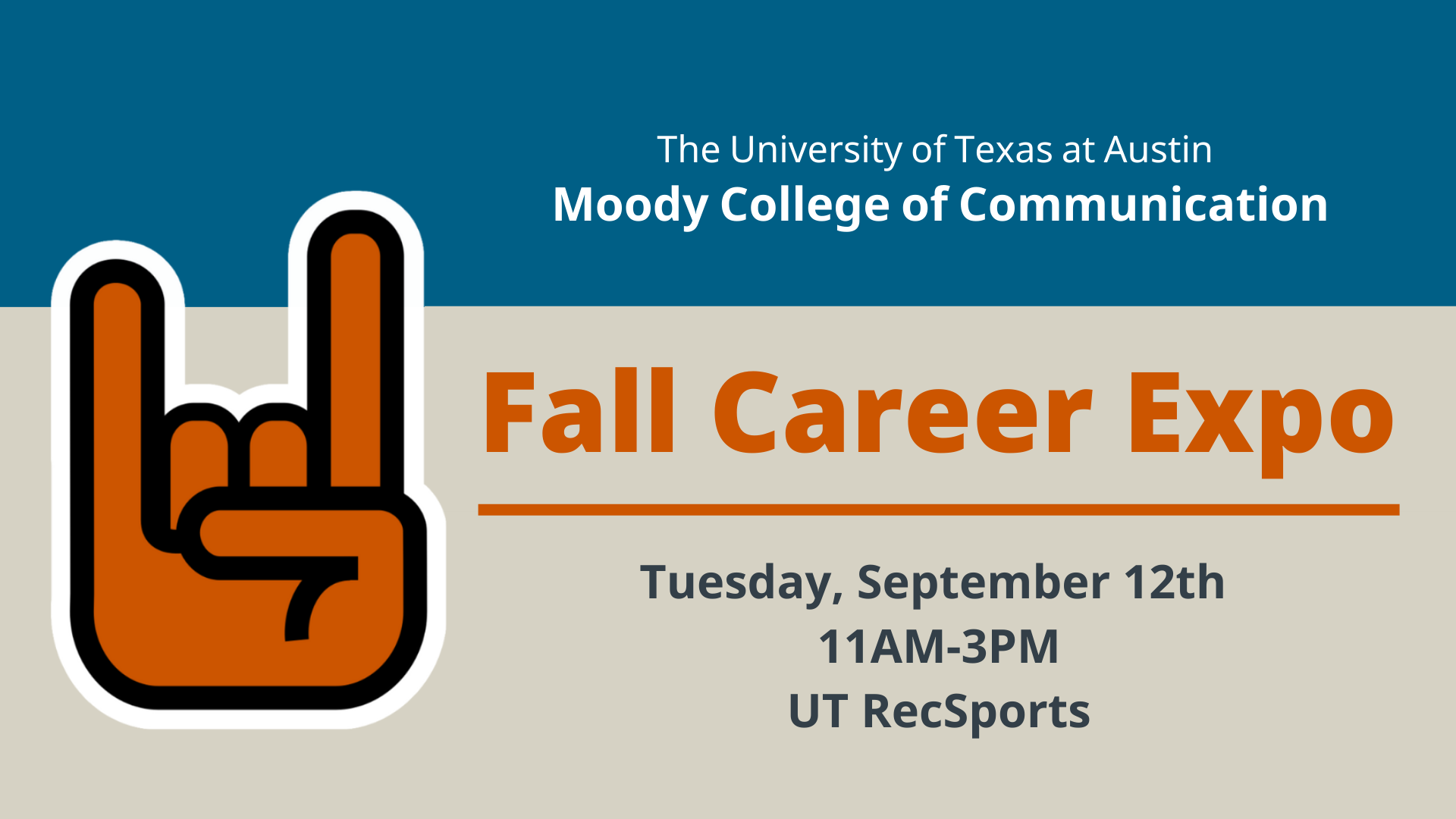 A graphic is featured with a "hook 'em horns" hand sign and text that says "Fall Career Expo"