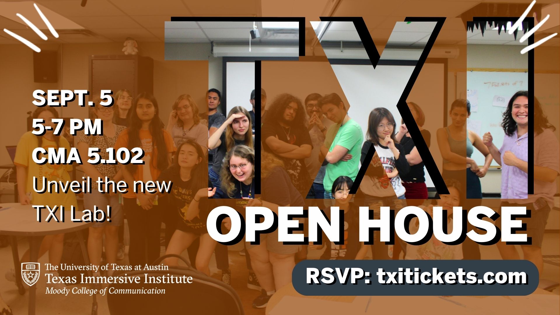 Graphic with TXI logo promoting an Open House event on September 5 at 5pm. Picture of students in the background.