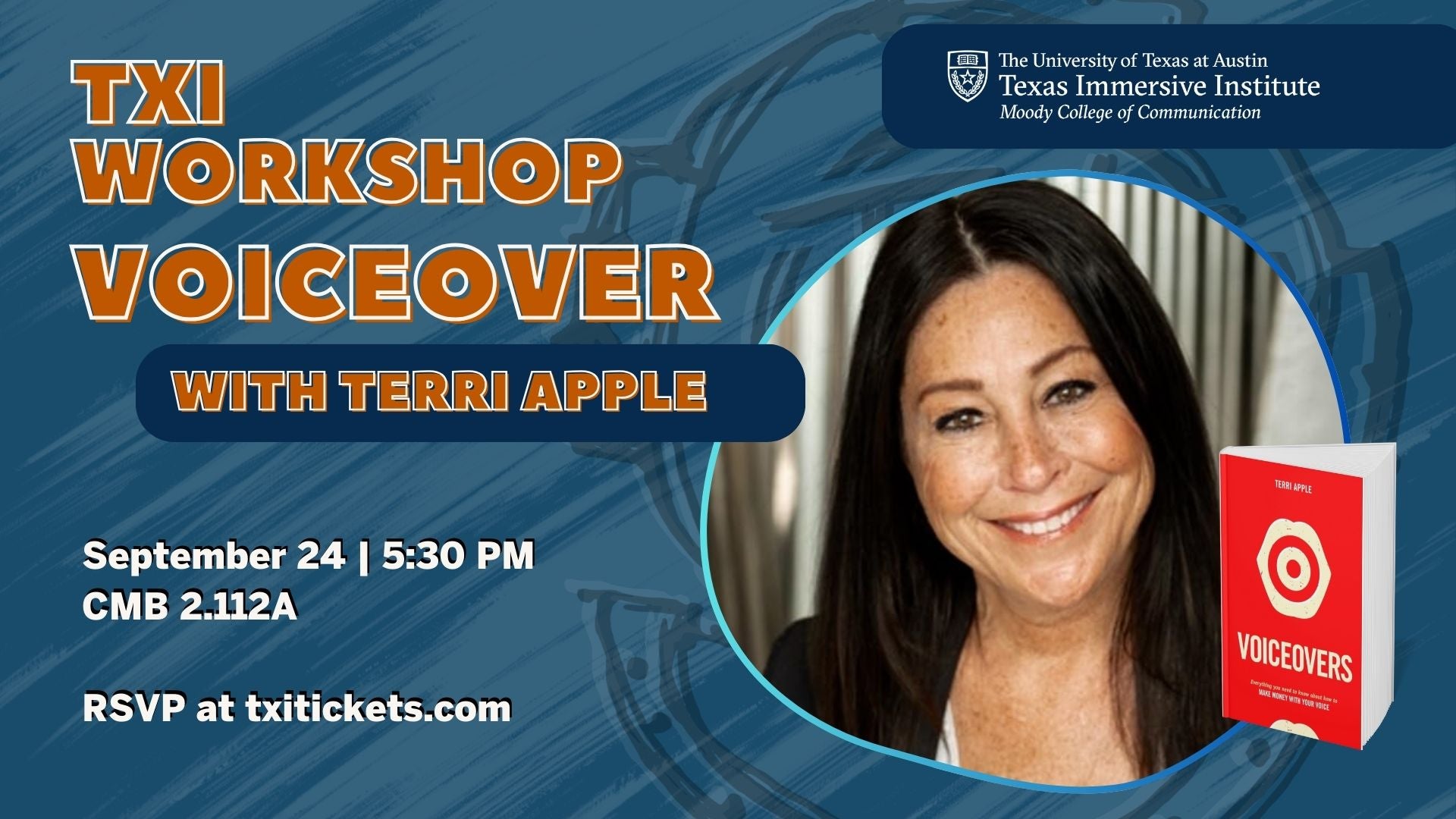 Graphic with a photo of Terri Apple and the Texas Immersive Logo with event details listed