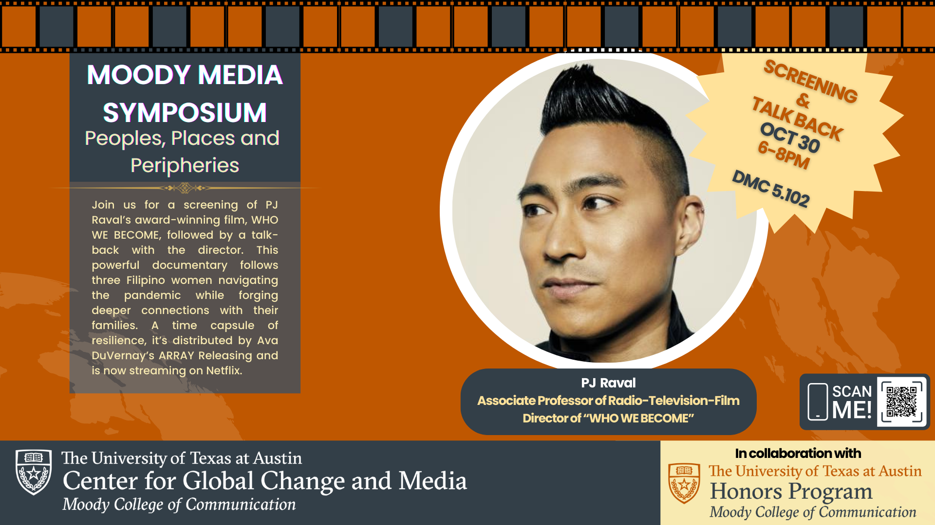 Headshot of PJ Raval Director of WHO WE BECOME, orange and grey border, and burnt orange background with light image of globe.