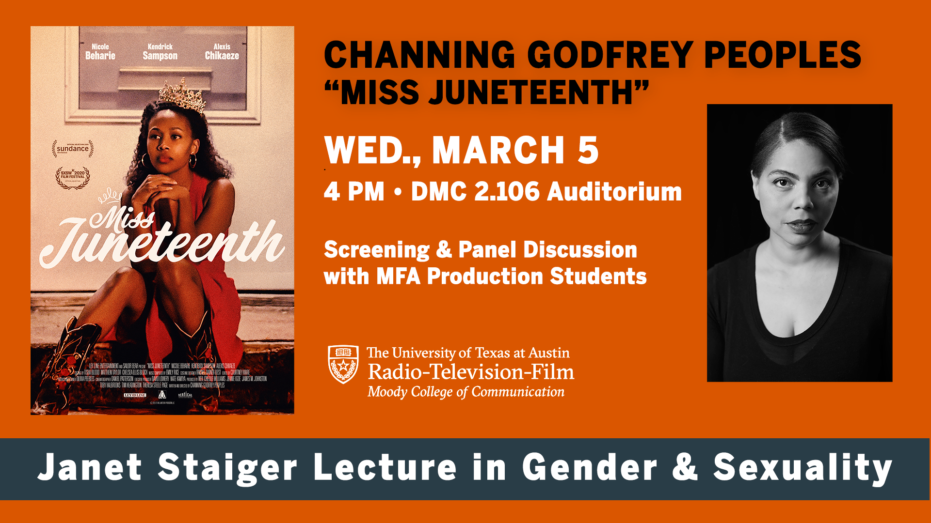 Janet Staiger Lecture in Gender & Sexuality Filmmaker Screening and Talk: Channing Godfrey Peoples, “Miss Juneteenth”