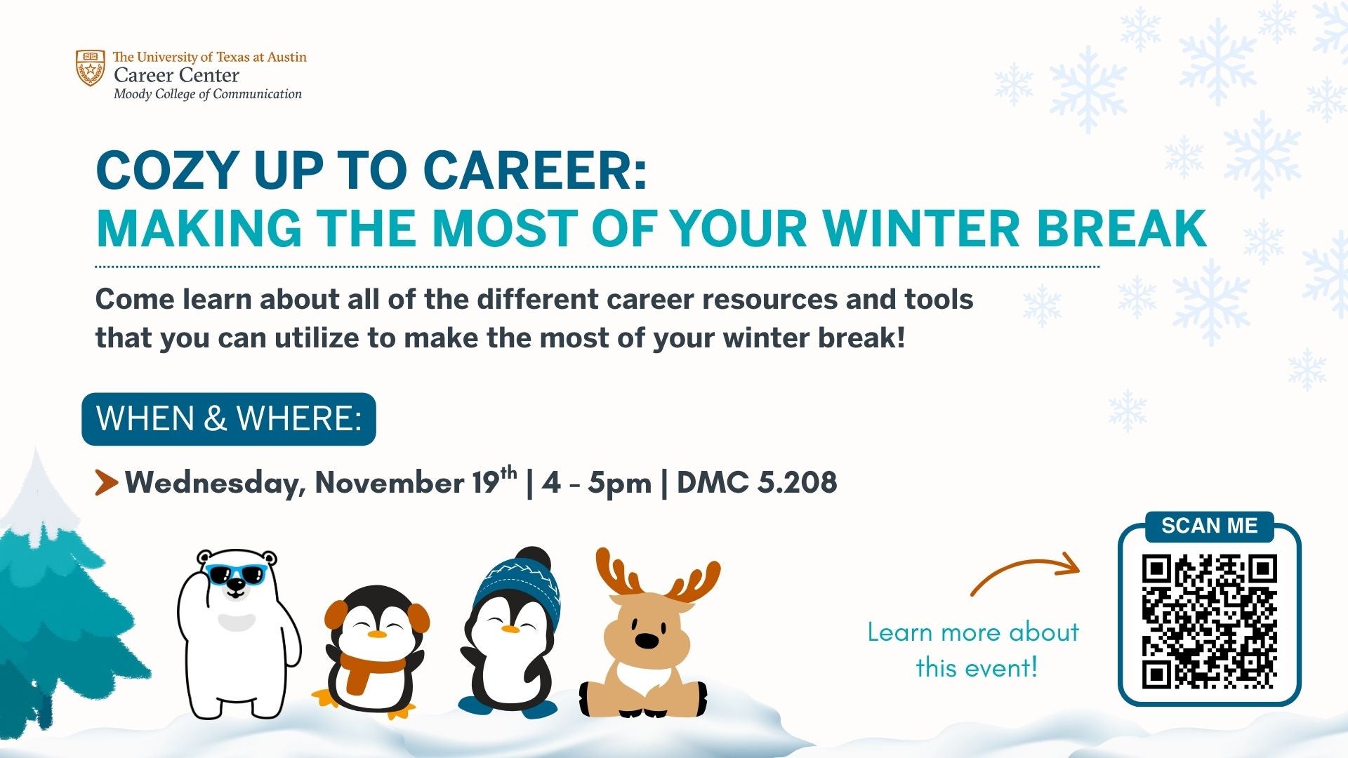 Image shows a polar bear, two penguins, and a reindeer hanging out near a pine tree.