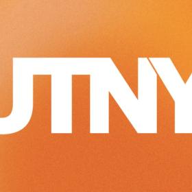 Letters UTNY in bold white on a cloudy orange background