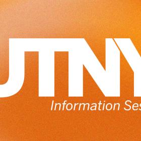 Letters UTNY in bold white on a cloudy orange background with "Information Session" under