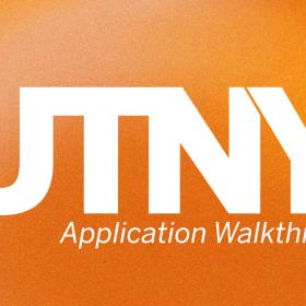 UTNY logo with "Application Walkthrough" underneath, all over a cloudy orange background
