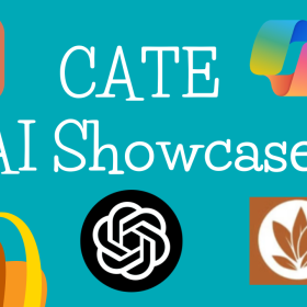 simple, colorful graphic with the title "CATE AI Showcase" and logos of AI tools
